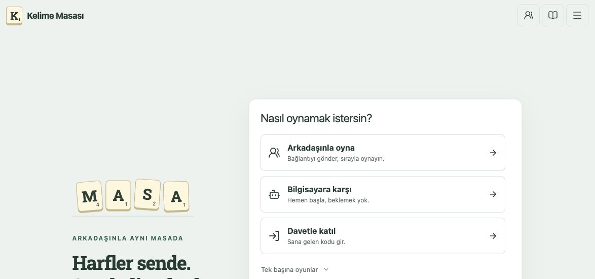 Kelime Masası start screen with options to play a friend, play the computer, or join by invitation.