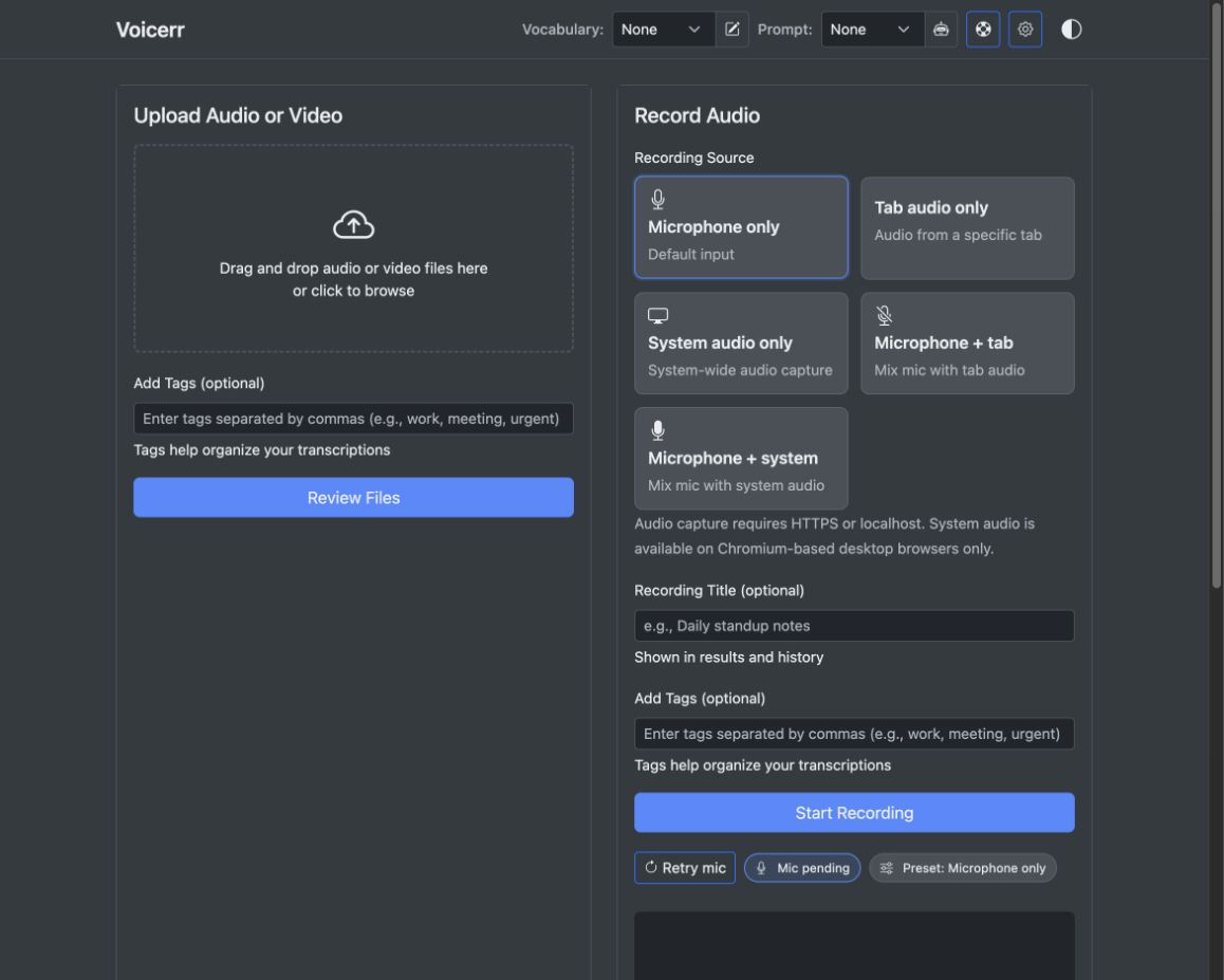 Voicerr workspace showing audio and video upload beside microphone, tab audio, and system audio recording options.